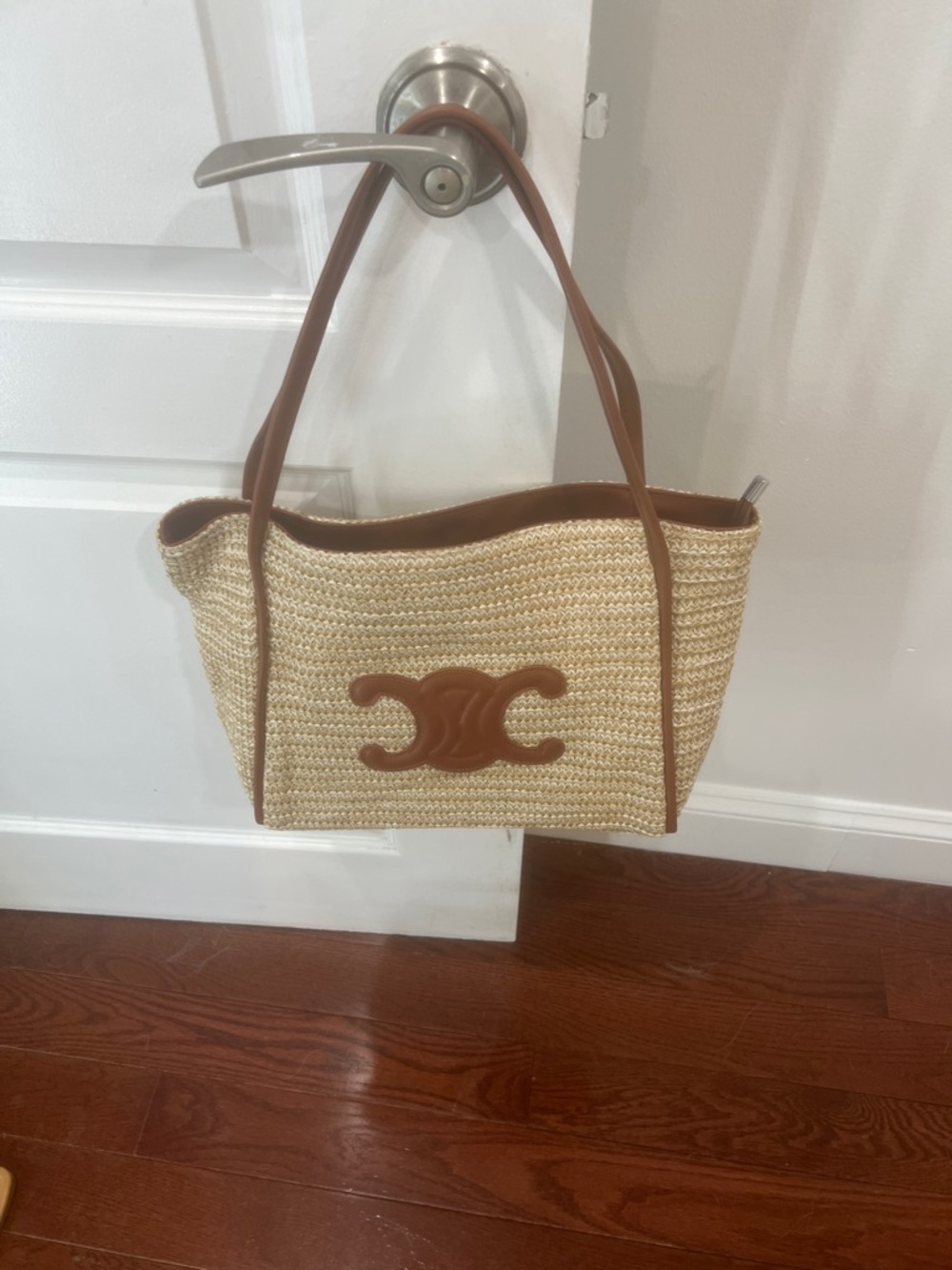 Straw Tote Bag with Brown Leather Trim